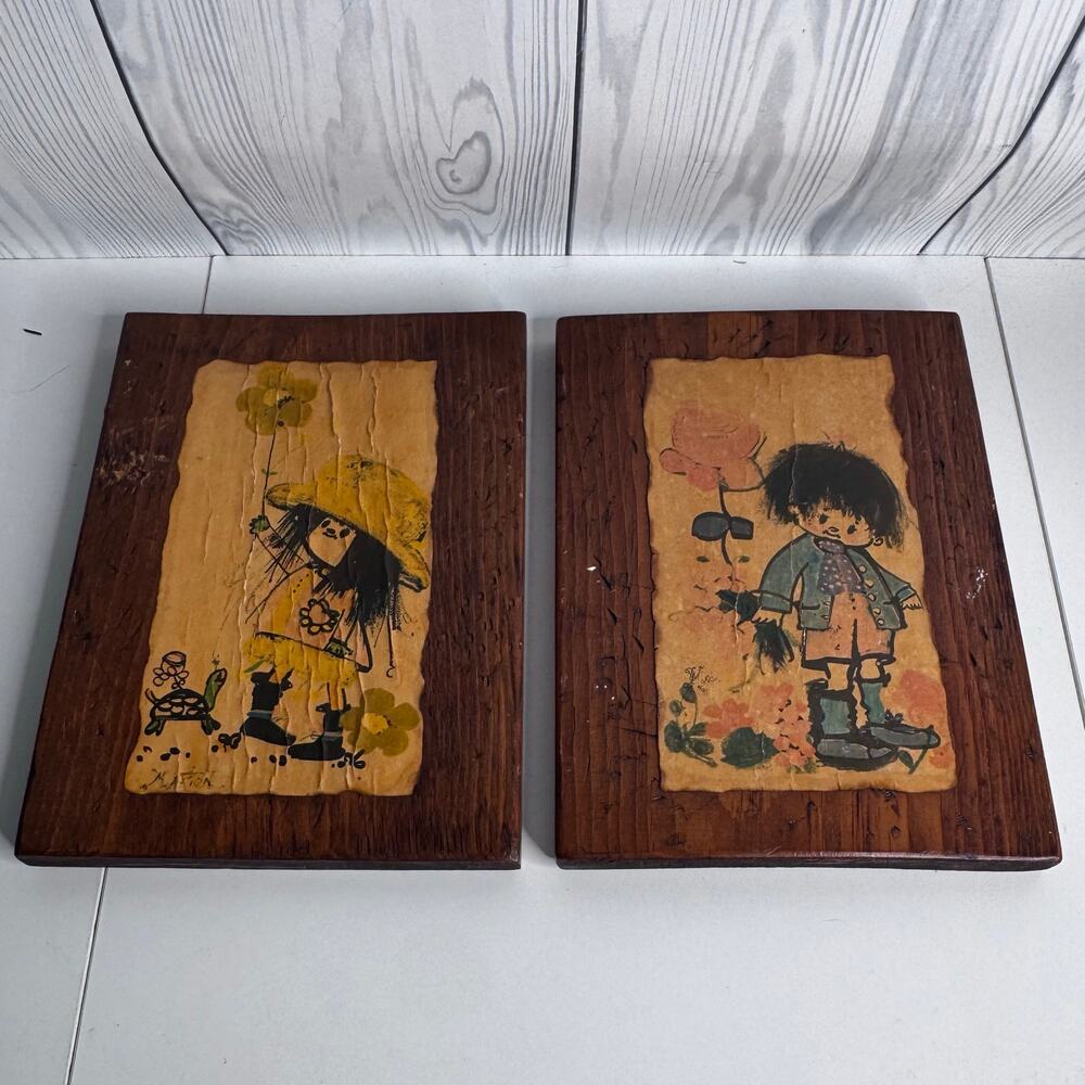Vintage 1960/70s Set of 2 Wooden Wall Plaques Whimsical Children Kitsch